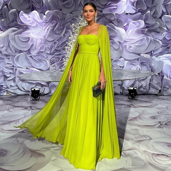 Saudo Arabijos arabų citrinų geltonumo Dubajaus vakarinė suknelė Cape Sleeves Elegant Women Long Chiffon Prom Pageant Gowns 2023 Chalatas De Soirée