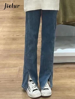 Jielur Summer New Split Straight Jeans Office Lady High Waist Washed Solid Color Fashion Ins Casual Streetwear Moteriški džinsai