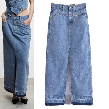 Moteriškas sijonas 2023 pavasario ir vasaros naujos mados temperamentas aukštos klasės tiesaus dizaino džinsinis ilgas sijonas