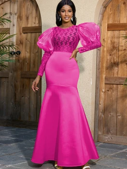 Rose Maxi suknelės moterims O kaklas seksualus Žiūrėti per ilgas žibinto rankoves Vakarinis renginys Vakarinio vakarėlio apranga 4XL chalatai 2023
