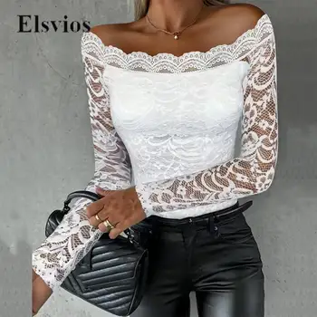 2024 Spring Hollow Out Nėriniuota palaidinė Solid New Sexy Off Shoulder Slim Tight Tee Shirt Blusa Women Casual Pullover Pulover Tops
