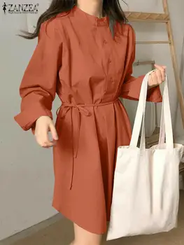 ZANZEA Moteriška stovo apykaklė Trumpas chalatas Laisvalaikio diržinė mini suknelė 2024 m. pavasarinė elegantiška vientisa sundress korėjietiško stiliaus suknelė ilgomis rankovėmis