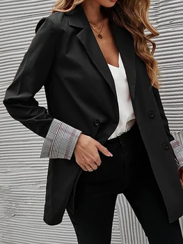 WYWMY Spring Loose Blazer Moteriškas kostiumas Švarkas Rudens darbo apranga Office Lady Black Blazers Dvispalvis verslo įpjovimas