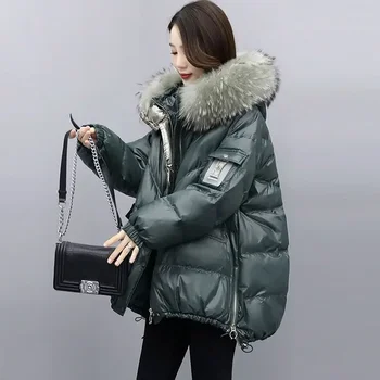 Winter Down Medvilninė striukė moterims Vidutinio ilgio striukė su gobtuvu Didelė kailinė apykaklė Paminkštinti paltai Korėjietiško stiliaus laisvi viršutiniai drabužiai Parka Xy151