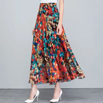 2023 Aukštos kokybės vasaros moterys Elegantiški sijonai aukštu juosmeniu A linijos sijonai Šifono gėlių margintos moterys Maxi ilgas sijonas