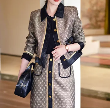 Tesco Luxury Elegant Women's Set Print 2 Piece Sets Ilgomis rankovėmis Blazer Jacket Sijonas Kostiumai moteriškam darbui Dėvėkite naujus drabužius