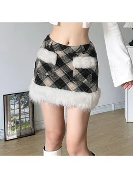 Vintažinis pledinis kailinis margas sijonas moterims 2024 m. ruduo Žiema 2024 Mada Žemas juosmuo Seksualūs sėdmenys Apvynioti sijonai Nauji moteriški drabužiai