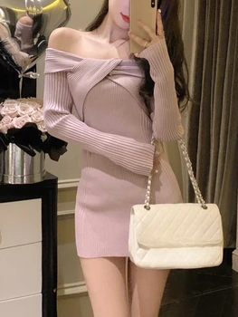 2023 Rudens elegantiška megzta suknelė Moterys Laisvalaikis ilgomis rankovėmis Bodycon Y2k Mini suknelė Biuras Lady Pure Color One Piece suknelė Korėjiečių