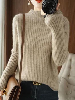 Naujos mados moterys Ruduo žiema 30% Merino vilnos drabužiai Mock-Neck dryžuotas megztinis ilgomis rankovėmis megztiniai Megztiniai Moteriškos viršūnės