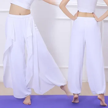 White Dance Rhyme Yoga Pants Women Chiffon Performance Dress Loose Flowing Belly Dance Pants 2023