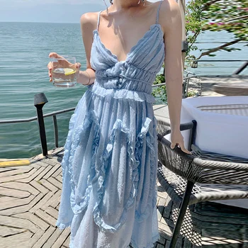 Nauja vasaros paplūdimio suknelė Moterys 2023 V-kaklas Patchwork Elegance suknelė Bodycon Women Spagečiai Spagečiai Dirželis Vestido XL