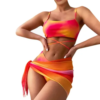 Bikinio rinkinys Seksualios kontrastingos spalvos 3 dalių sijonas aukštu juosmeniu Maudymosi kostiumėliai Moterys 2024 Dirželis Push Up maudymosi kostiumėlis Vasaros maudymosi kostiumas