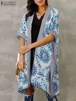 ZANZEA Casual Plyšys Hem Kutas Cover-up Dolman rankovės Megztiniai Marškiniai Moterys 2023 Vasaros spausdinimas Atostogų mada Ilgas kimono