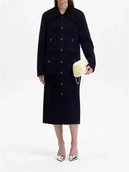 Moteriški paltai 2023 Naujos spalvos pleistras Pasukite žemyn apykaklę Vienos krūtinės elegantiški ilgomis rankovėmis vidutinio ilgio viršutiniai drabužiai