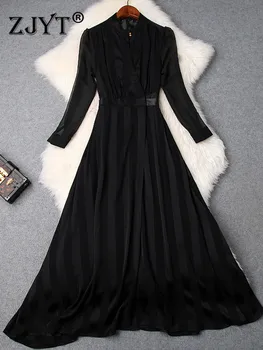 ZJYT Kilimo ir tūpimo tako dizainerė Rudens šifono Maxi suknelė moterims Elegantiškas tvarstis ilgomis rankovėmis Pagrindinis dryžuotas juodas vakarėlis Vestidos Aline