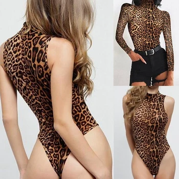 2022 Sexy Leopard Print Turtleneck Skinny One Piece Bodysuits Women Summer Sleeveless Bodycon Sheer Rompers Kombinezonai