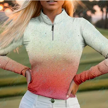 Golf Polo ilgomis rankovėmis 2024 m. rudens ir žiemos nauji užtrauktukai moteriškos mados ploni golfo marškinėliai kvėpuojantys greitai džiūstantys teniso marškinėliai.