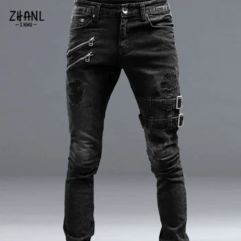 Vyriški džinsai Black Slim Fit Aukštos kokybės plėšyti laisvalaikio vyriški džinsai Kelnės Liesos vyriškos kelnės Hip Hop Streetwear Medvilninės džinsinės kelnės