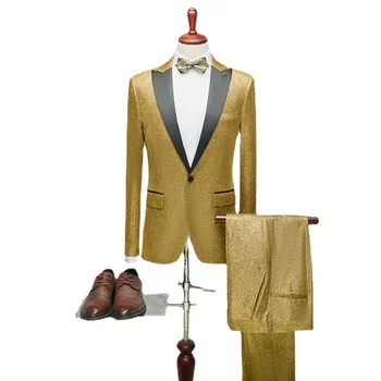 Prašmatnus blizgantis vyriškų kostiumų komplektas Slim Host Performance Oficialios švarko kelnės Custom Gold Wedding Gown Christmas Party Dress mont erkek