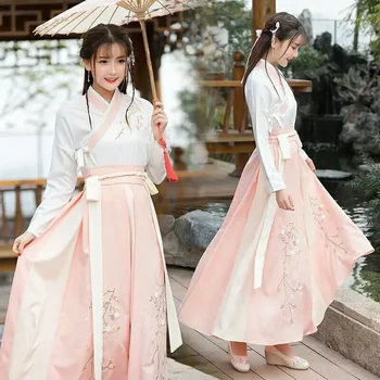 VANDUO Hanfu moteriškos suknelės kinų tradicinio stiliaus kostiumas Moteris suaugusi studentė Patobulinta juosmens kasdienė apykaklė Kostiumo milteliai