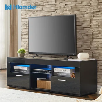 TV stovas su LED lemputėmis ir 2 dideliais laikymo stalčiais, blizgia televizoriaus spintele svetainės ar miegamojo baldams