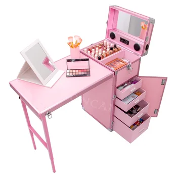 Custom Pink Nail Table Rolling Case Beauty Salon Manicure Table Makeup Station Nail Artist Cosmetic Trolley Case