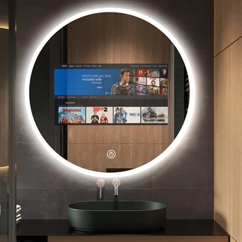 Didmeninis jutiklinio ekrano išmanusis veidrodis su įmontuota šviesa ir televizoriaus veidrodis vonios kambario išmaniajam LED veidrodžiui su televizoriumi