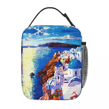 Egėjo jūros Santorinio salos tapyba aliejumi Termoizoliaciniai pietų krepšiai mokyklai Nešiojama dėžutė pietums Terminis aušintuvas Pietų dėžutė