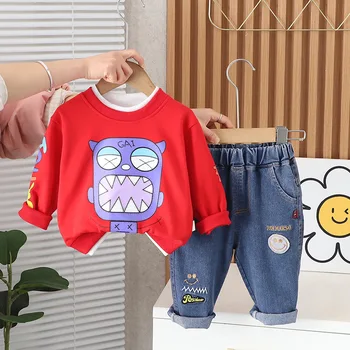 2024 Pavasario nauji kūdikių berniukų drabužiai Nuo 1 iki 2 metų laisvalaikio animacinis filmas Spausdinti megztiniai ilgomis rankovėmis marškinėliai ir kelnės 2PCS berniukų apranga