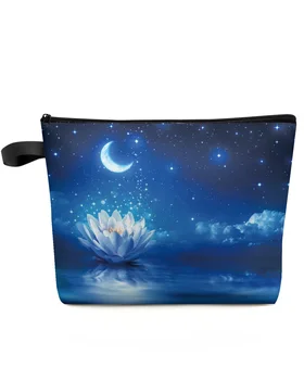 Mėlynas mėnesienos lotoso mėnulis Didelės talpos kelioninis kosmetikos krepšys Nešiojamas makiažo laikymo maišelis Moterims Vandeniui atsparus pieštukų dėklas