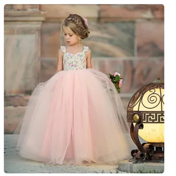 Pink Puffy Flower Girl suknelės Gėlių viršus su gėlių nugara be rankovių vestuvių gimtadienio vakarėliui Pokylio princesės chalatai