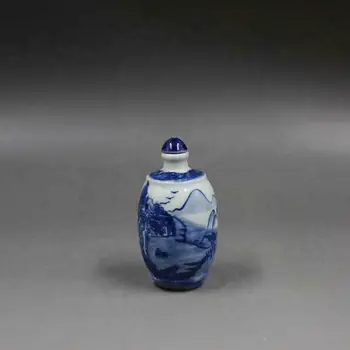 kinų mėlynas ir baltas porcelianas Qing Kangxi kraštovaizdžio dizaino uostomas butelis 3.07