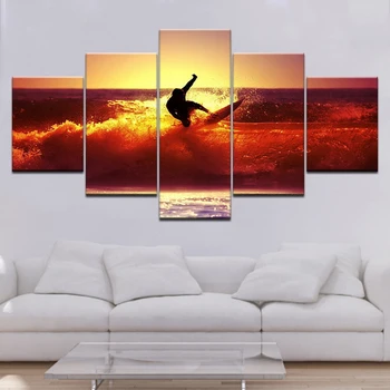 Banglenčių sportas jūroje auksinis saulėlydis 5 plokštės HD Spausdinti Sienų menas modernus modulinis Plakato menas Drobės tapyba svetainei Namų dekoras