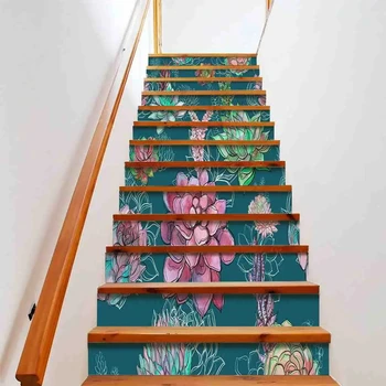 Sukulentai Laiptų lipdukai Žali sodo augalai Laiptai Stovas Lipdukai Lipnus Akvarelės stilius Laiptai Freskos Vidaus dekoras