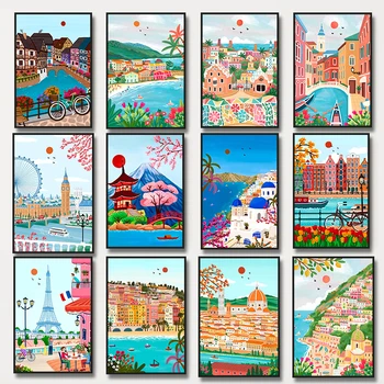 Tokijas Paryžius Positano Italija Santorinis Amsterdamas Kelionių miesto plakatas Peizažas Drobė Tapyba Sienų menas svetainei Namų dekoras