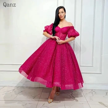Qanz Off Shoulder Arabiška vakarinė suknelė Blizgučiai Tiulis Trumpomis pūstomis rankovėmis Dubajus Oficialios prom suknelės V formos kaklo gimtadienio vakarėlio chalatai