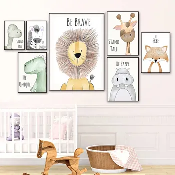 Paprasti mieli gyvūnų plakatai ir pintinės Šiaurės šalių vaikų darželis Karikatūrinis sienų menas Paveikslėliai Liūtas Dramblys Drobė Tapyba Kūdikių kambario dekoras