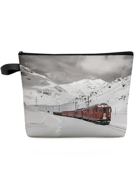 Snow Mountain Red Train Makeup Bag Pouch Travel Essentials Lady Women Cosmetic Bags Toilet Organizer Kids Storage Pencil Case