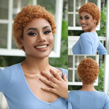 Afro Curl Human Hair Short Deep Curly Pixe Cut Bob Remy Žmogaus plaukai Ginger Brown Mechanism Žmogaus plaukų perukai Black Wonen Daily