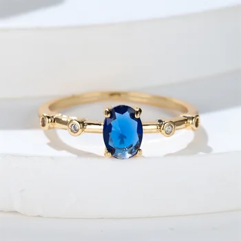 Prabangus krištolo formos kiaušinio formos žiedas Mėlynas cirkonis Ovalus akmuo Ploni sužadėtuvių žiedai moterims Vintažinės aukso spalvos vestuvinės juostos Dovana