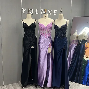 YQLNNE Navy Slit Mermaid Prom Suknelės Ilgi dirželiai Šilko satino karoliukai Party Gown-up Back