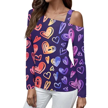Fashion Heart Print marškinėliai Moterys Pavasario ilgomis rankovėmis Iškreipta apykaklė nuo pečių Marškinėliai Elegantiški moteriški megztiniai
