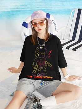 Piktas lokys, kuriam reikia komfortiškų drabužių Moteriškos vasaros kvėpuojančios viršūnės O-Neck medvilnės prekės ženklo marškinėliai Laisvi oversized trumpos rankovės