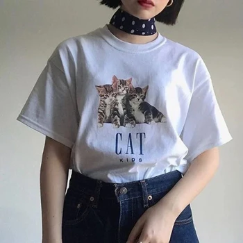 Korean Fashion Short Sleeve Cat Lover marškinėliai Kawaii Kitten Graphic Tees Harajuku Streetwear Tops Estetiniai moteriški marškinėliai Y2k