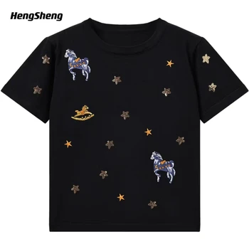 Korėjietiško stiliaus trikotažas Putojantys penkiakampiai žvaigždėmis siuvinėtos adatos megzti marškinėliai trumpomis rankovėmis moterims pavasarį ir vasarą