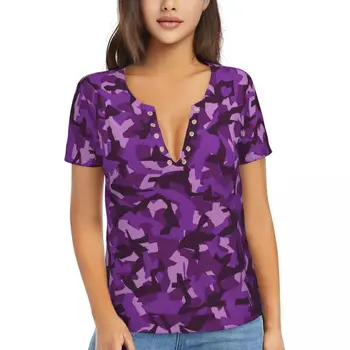 Army Camo marškinėliai Violetinis kamufliažas Harajuku Deep V Kaklo marškinėliai Trumpomis rankovėmis Klasikiniai marškinėliai Vasaros spauda Viršūnės Didelis dydis