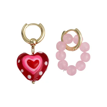 Minar Cute Romantic Asymmetric Red Glass Heart Hoop auskarai moterims 14K Paauksuotas žalvaris Rožinis natūralaus akmens sruogos auskaras