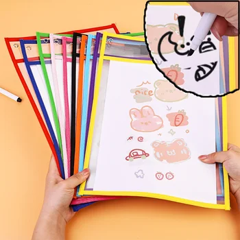 Daugkartinio naudojimo sausos trinamos kišenės PVC skaidrios rašymo ir valymo lentos sauso šepetėlio krepšio failo kišenė vaikų pastelių mokymui
