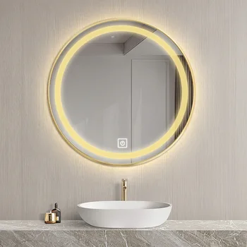 Neperforuojantis išmanusis vonios veidrodis su LED šviesą skleidžiančiu veidrodžiu liečiamu apskritu tualeto aliuminio lydinio rėmo veidrodžiu