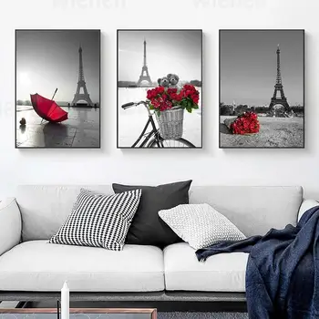 Namų dekoras Šiaurės šalių plakatai ir spaudiniai Drobė Tapyba Juodas peizažas Eifelio bokštas Meškiukas Raudona rožė Skėtis Paveikslas Sienų menas